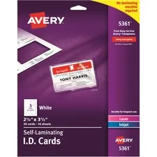 Avery Dennison 5361 — Avery® Laminated I.D. Cards - 30 / Box - 2 Width x 3.3 Height - Laminated, Perforated, Printable, Durable, Perforated - White