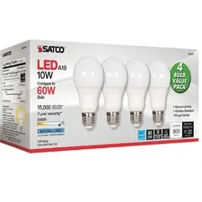 Satco Products Inc SDN S28563 — Satco 10W A19 LED 5000K Light Bulbs - 10 W - 60 W Incandescent Equivalent Wattage - 120 V AC - 800 lm - A19 Size - Frosted White - Natural Light Light Color - E26 Base - 15000 Hour - 8540.3°F (4726.8°C) Color Temperature - 94 CRI - 220° Beam Angle - 4 / Pack