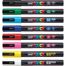 UNIBALL UBC PC3M8C — uni-ball Posca Paint Marker - Fine Marker Point - Green, Blue, Light Blue, Yellow, Red, Pink, White, Black Water Based, Pigment-based Ink - 8 / Pack