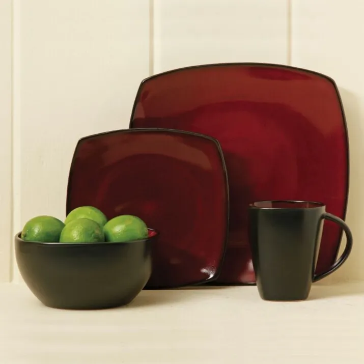 Gibson 68182.16 — Gibson Soho Lounge 16 Piece Square Stoneware Dinnerware Set in Red and Black