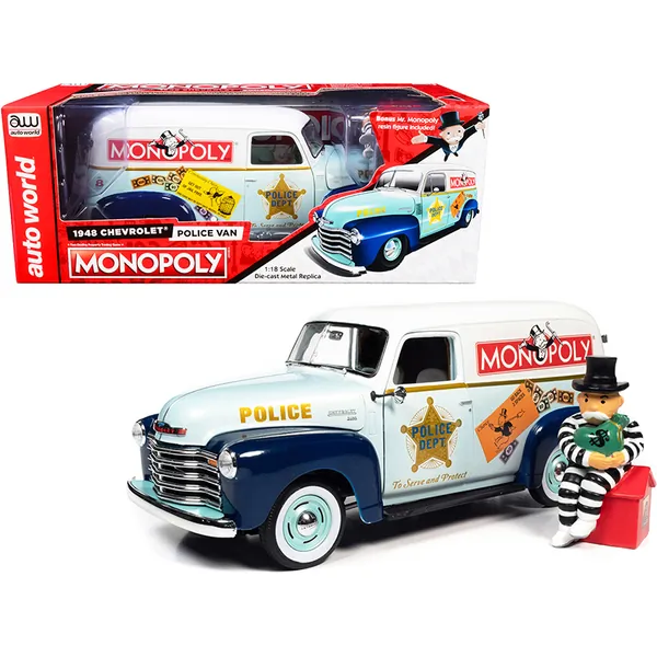 Autoworld AWSS129 — 1948 Chevrolet Police Van with Mr. Monopoly Figurine 1/18 Diecast
