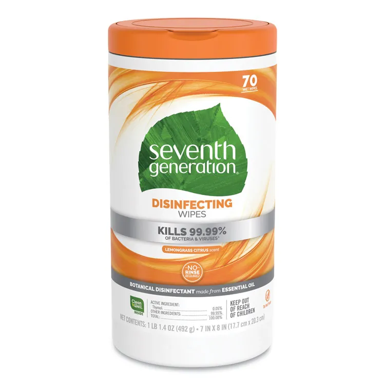 SEVENTH GENERATION SEV 22813 — Seventh Generation Disinfecting Cleaner - Wipe - Lemongrass Citrus Scent - 7 Width x 8 Length - 70 / Canister - 70 / Each