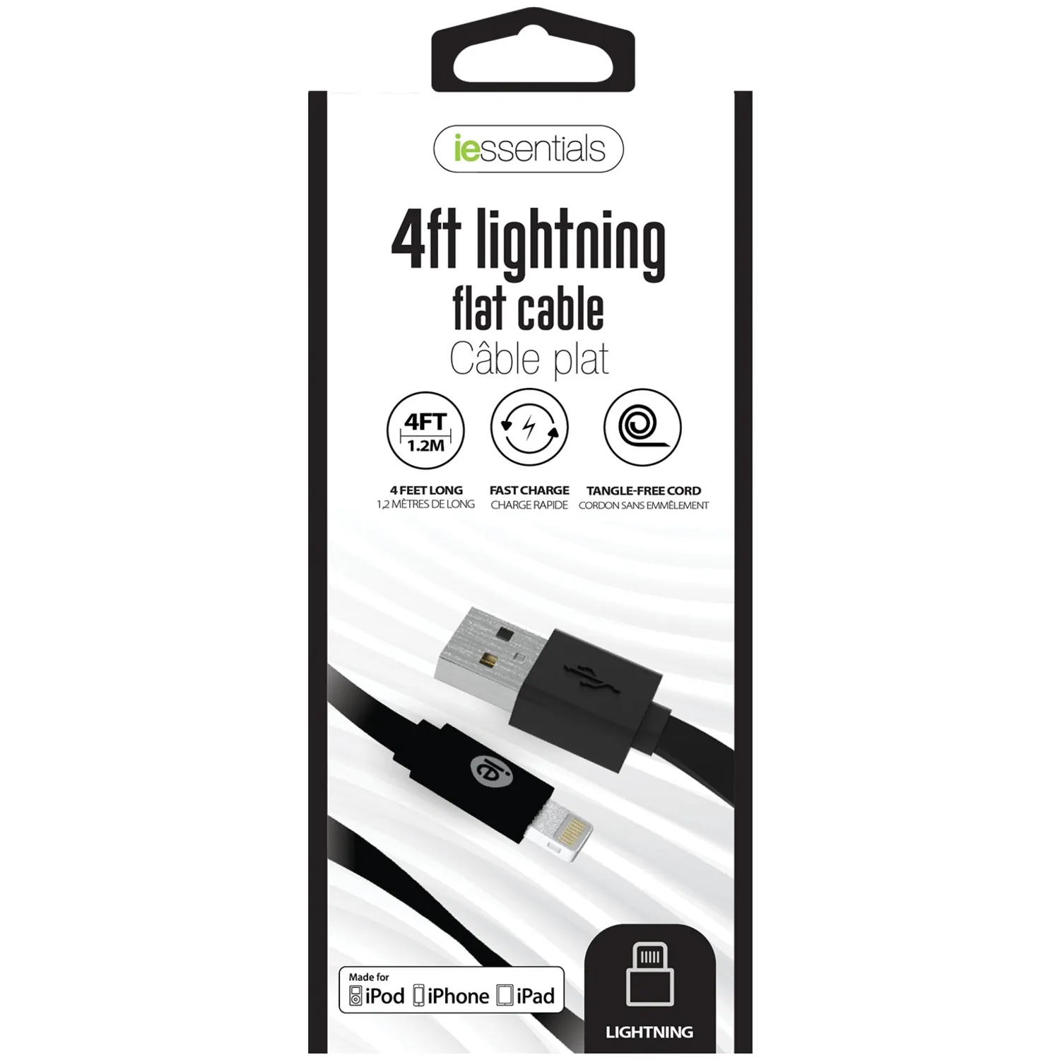 DigiPower IEN-FC4L-BK - 4ft Durable USB Lightning Cable for Apple Devices - Black