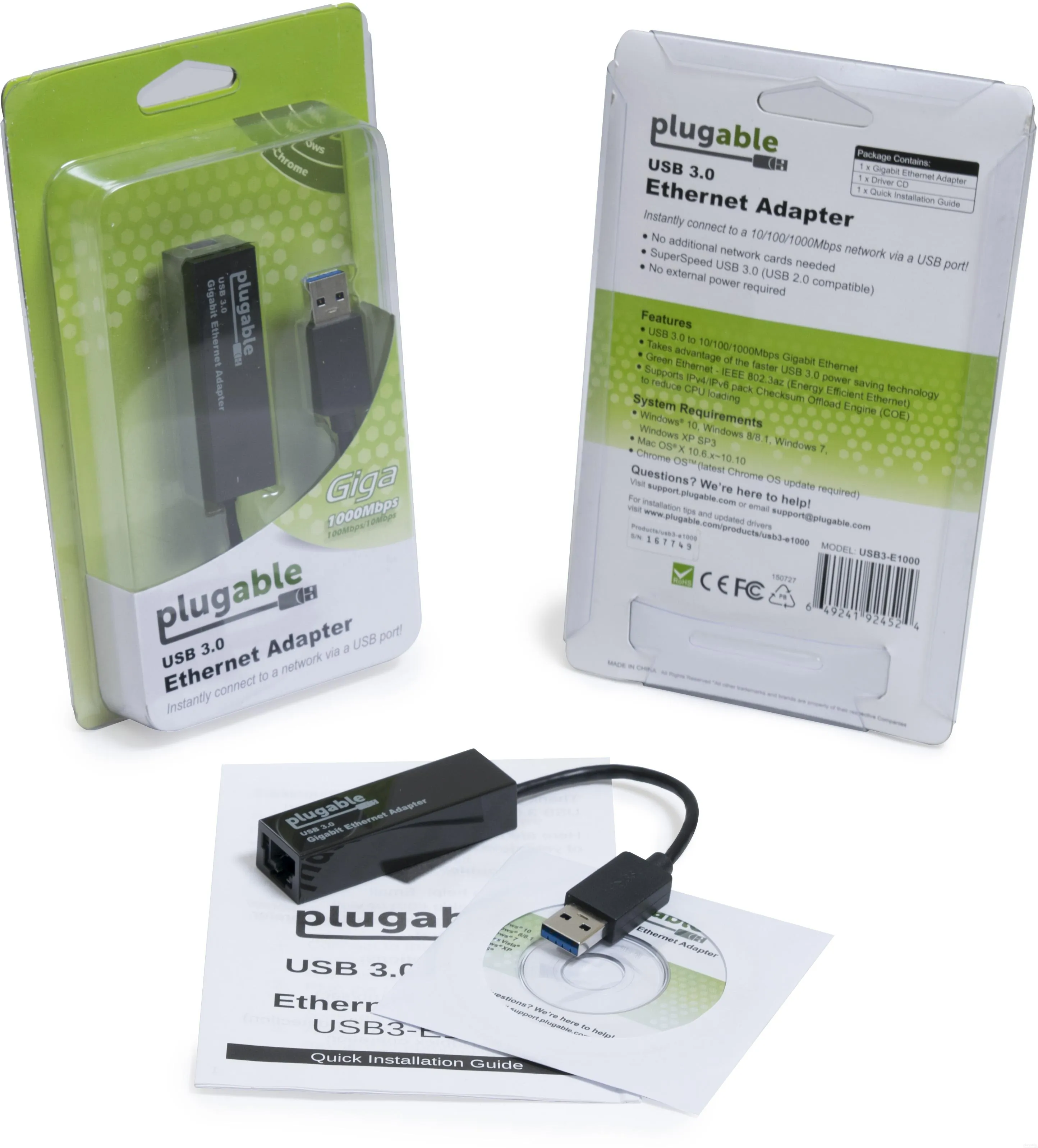 Plugable Technologies USB3-E1000 — PLUGABLE USB TO ETHERNET ADAPTER, USB 3.0 TO GIGABIT ETHERNET, SUPPORTS WINDOWS