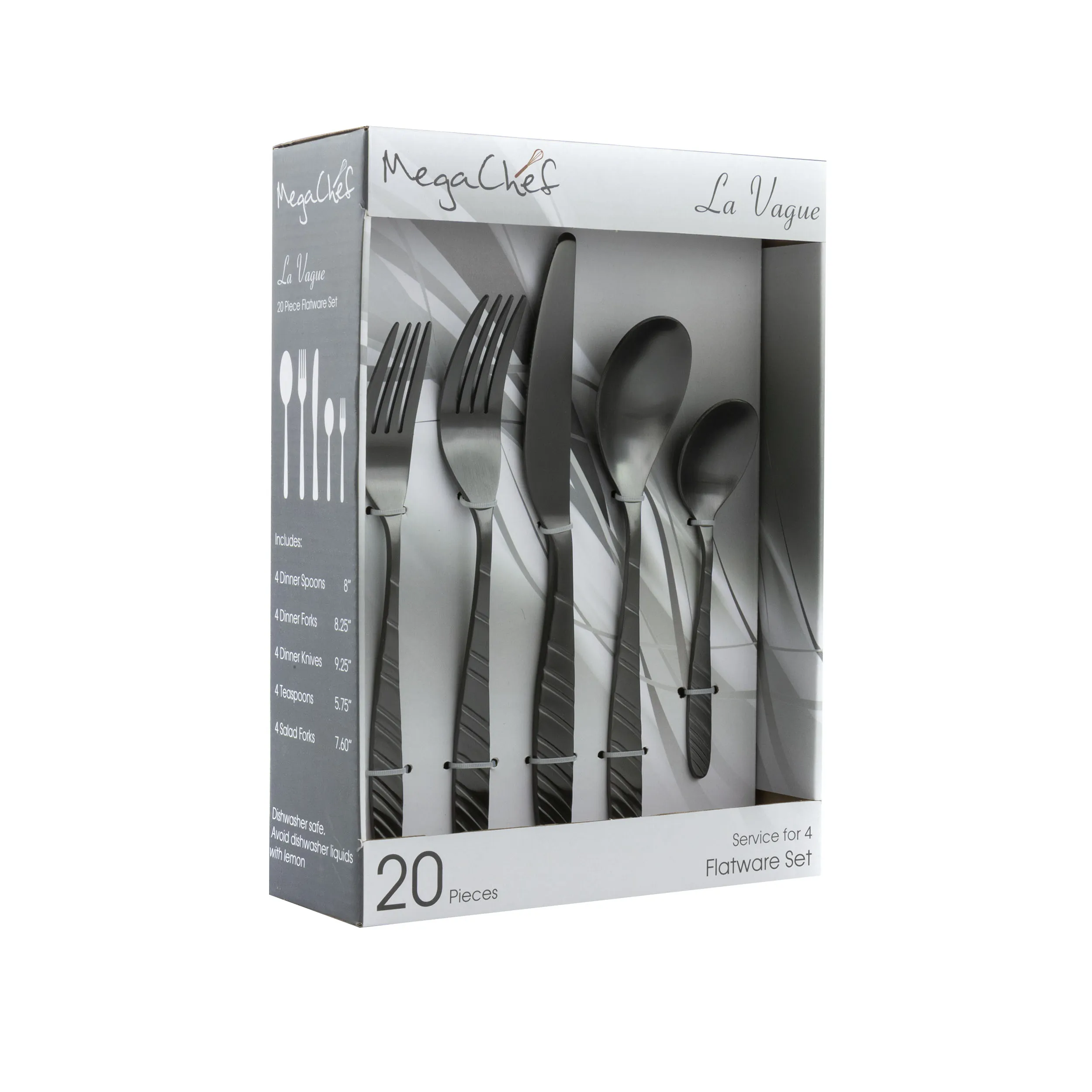 MegaChef MCFW-LA VAGUE-MATTEBLACK — MegaChef La Vague 20 Piece Flatware Utensil Set, Stainless Steel Silverware Metal Service for 4 in Matte Black