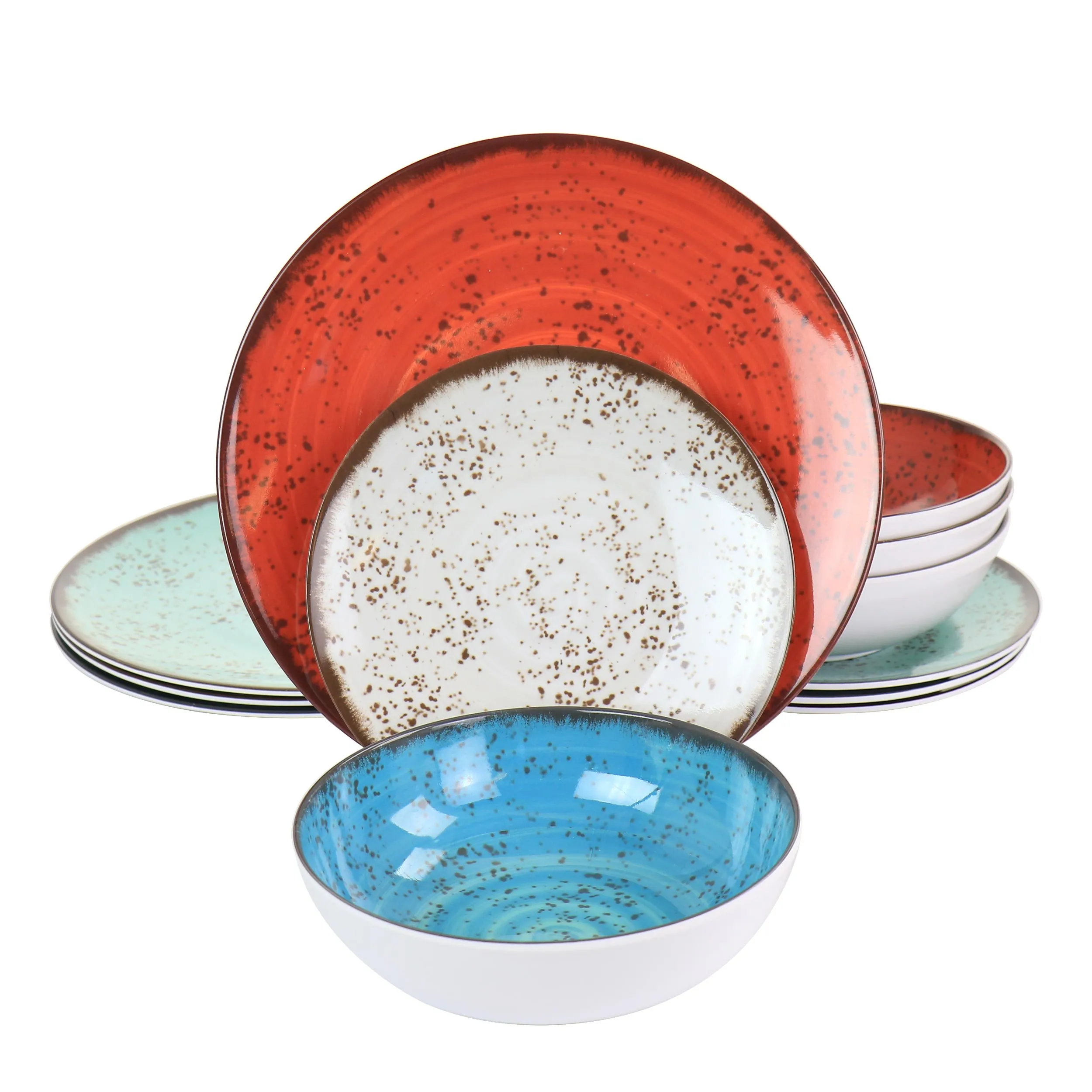 ELAMA EL-PRYCE — Elama Pryce 12 Piece Melamine Dinnerware Set in Assorted Colors