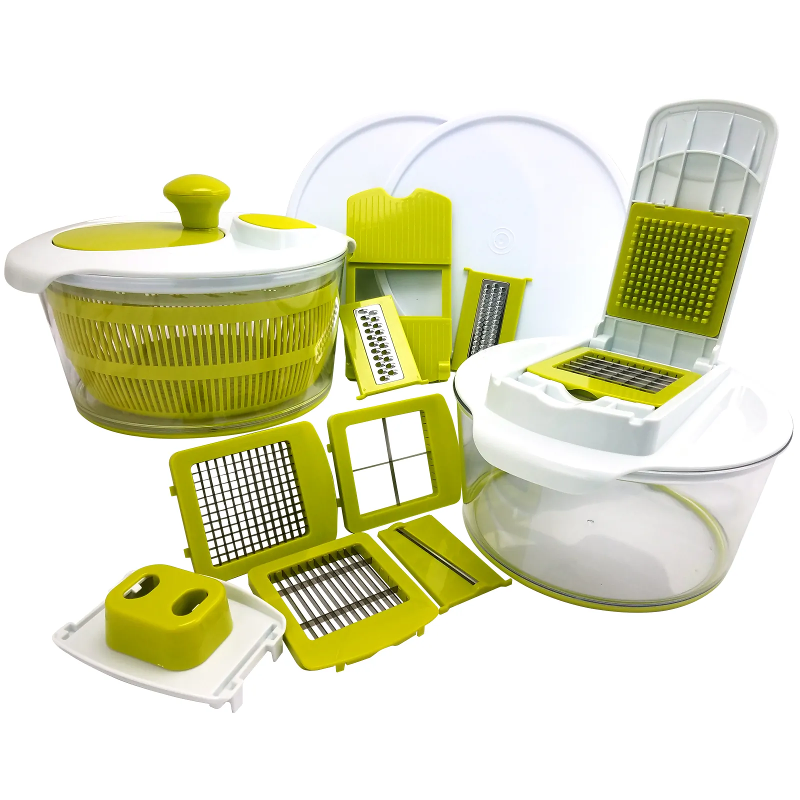 MegaChef MGSALAD-SPINNER-MULTI-SLCRDCR — MegaChef 10-in-1 Multi-Use Salad Spinning Slicer, Dicer and Chopper with Interchangeable Blades and Storage Lids