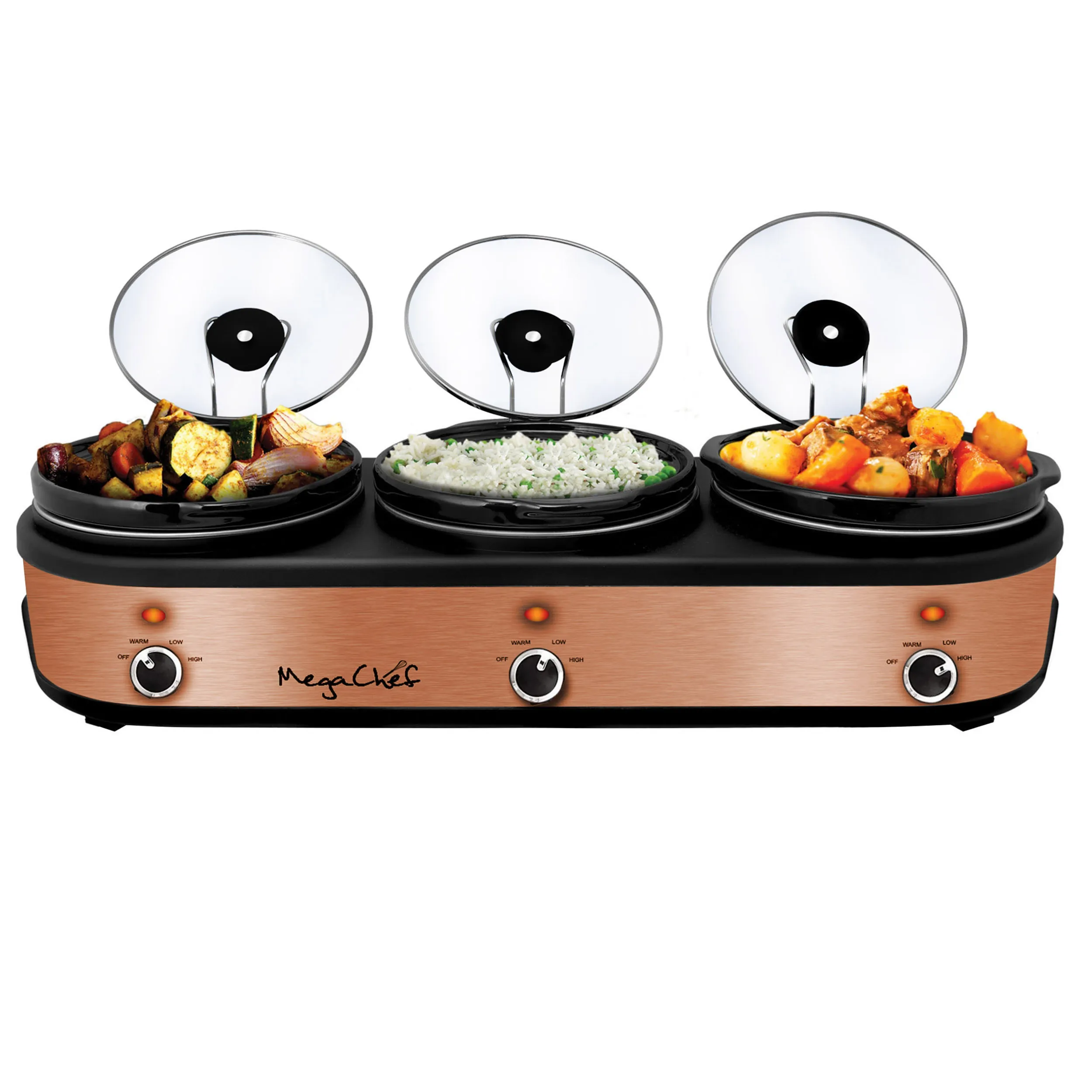 MegaChef MC-1210 — MegaChef Triple 2.5 Quart Slow Cooker and Buffet Server in Brushed Copper and Black Finish with 3 Ceramic Cooking Pots and Removable Lid Rests