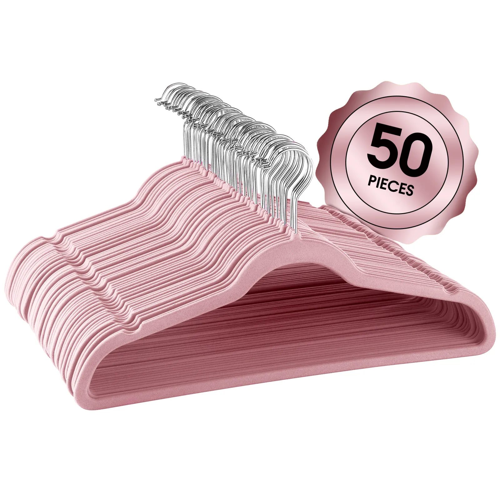 ELAMA HANGER50PIECEPINK — Elama Home 50 Piece Flocked Velvet Clothes Hangers with Stainless Steel Swivel Hooks in Pink
