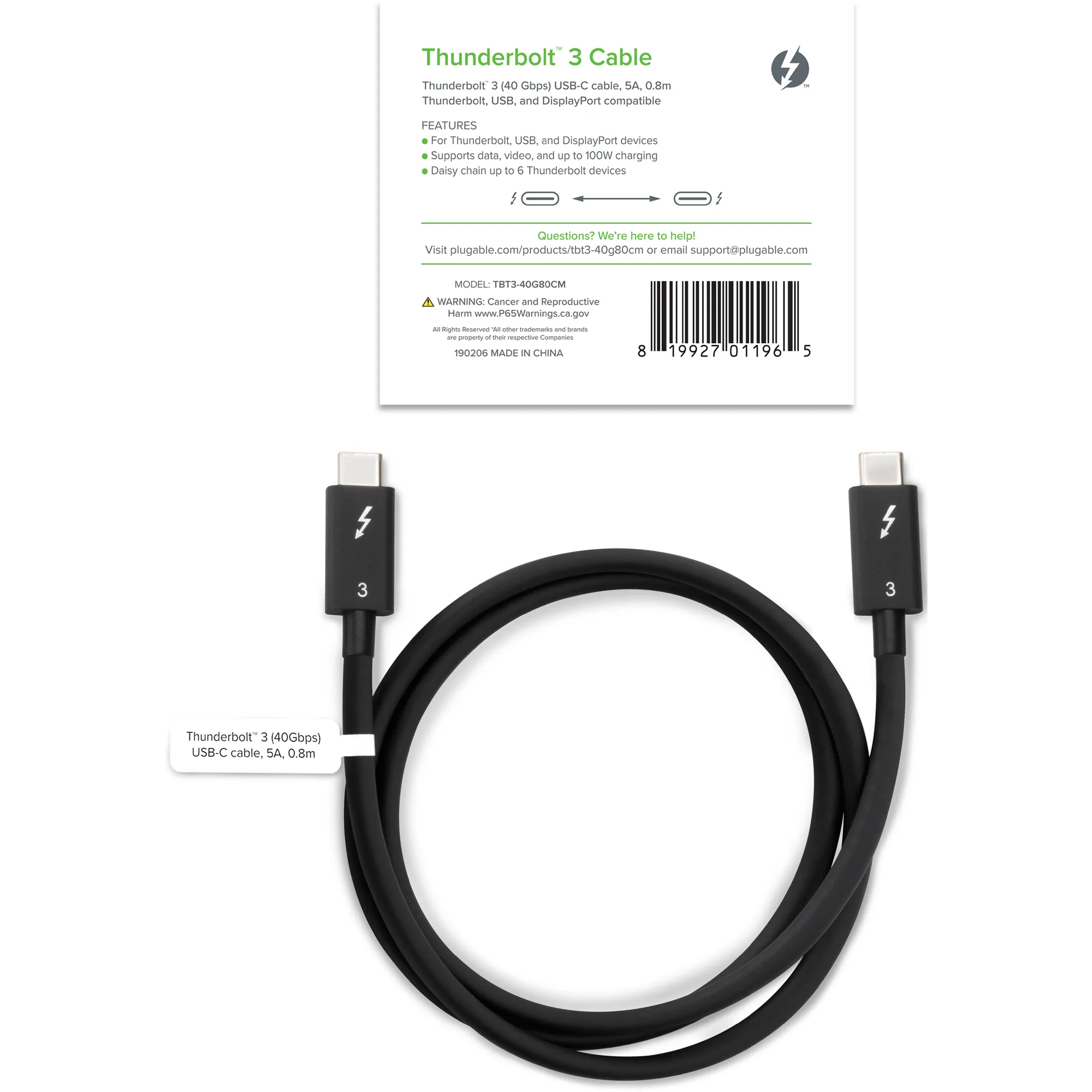 Plugable Technologies TBT3-40G80CM — PLUGABLE THUNDERBOLT 3 CABLE 40GBPS SUPPORTS 100W (20V, 5A) CHARGING, 2.6FT / 80