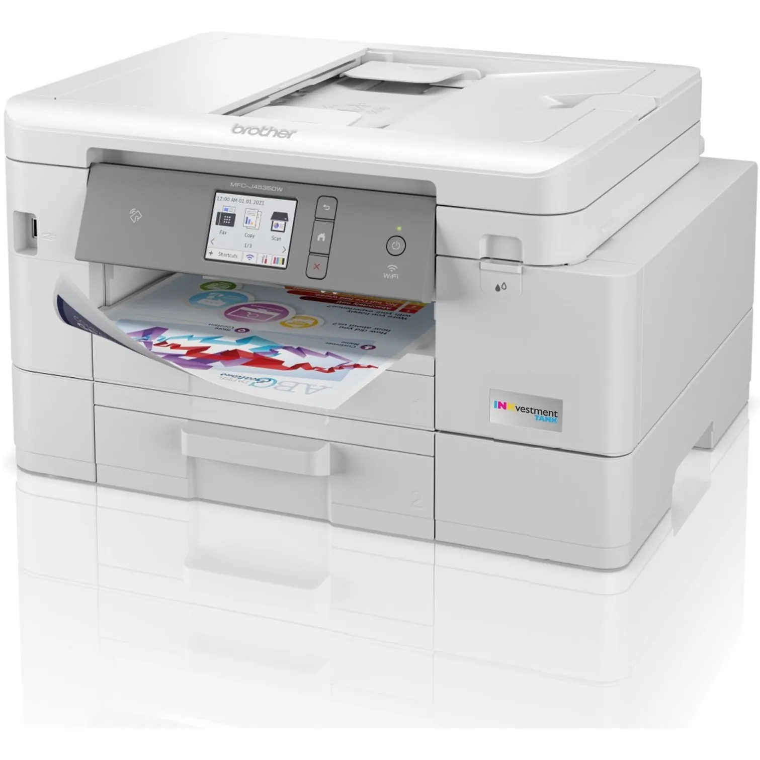 Brother MFC-J4535DW — Brother INKvestment Tank MFC-J4535DW Inkjet Multifunction Printer-Color-Copier/Fax/Scanner-4800x1200 dpi Print-Automatic Duplex Print-30000 Pages-400 sheets Input-Color Flatbed Scanner-2400 dpi Optical Scan-Color Fax-Wireless LAN-Apple AirPrint - Copier/Fax/Printer/Scanner - 4800 x 1200 dpi Print - Automatic Duplex Print - Up to 30000 Pages Monthly - 400 sheets Input - Color Flatbed Scanner - 2400 dpi Optical Scan - Color Fax - Ethernet - Wireless LAN - Apple AirPrint, Mopria, Wi-Fi Direct,