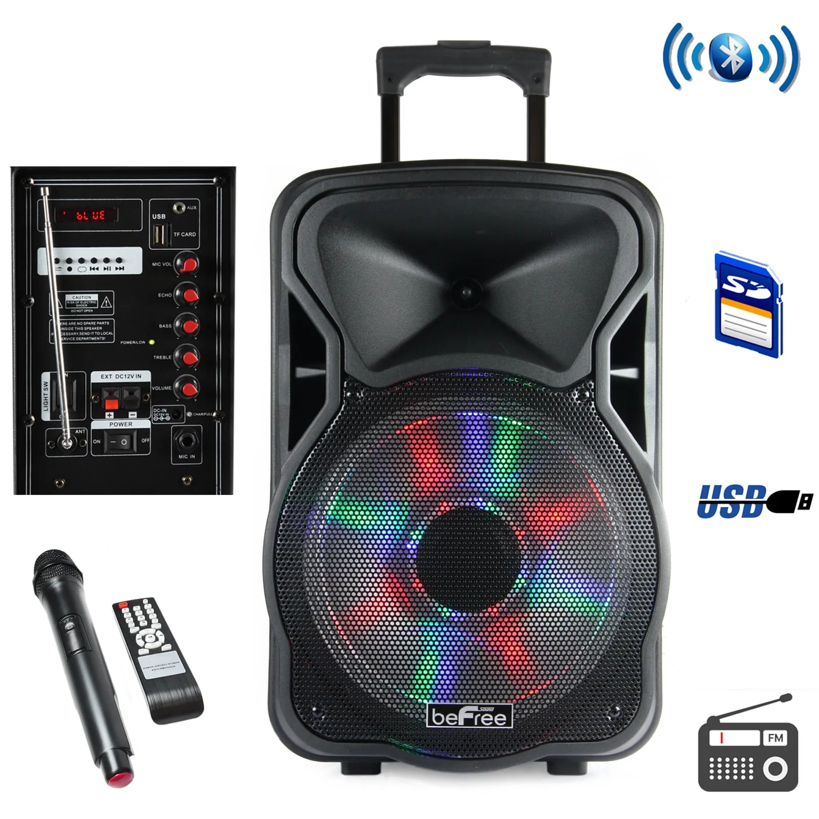 BeFree BFS-4400-RB — beFree Sound 12 Inch Bluetooth Rechargeable Party Speaker With Illuminatiing Lights