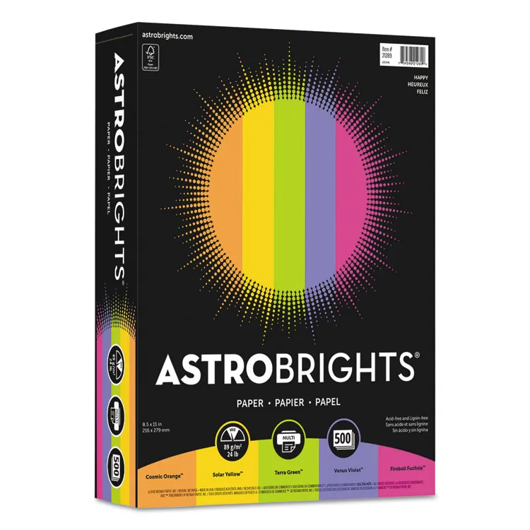 NEENAH PAPER WAU 21289 — Astrobrights Inkjet, Laser Colored Paper - Cosmic Orange, Solar Yellow, Terra Green, Venus Violet, Fireball Fuschia - Letter - 8 1/2 x 11 - 24 lb Basis Weight - 500 / Ream - FSC