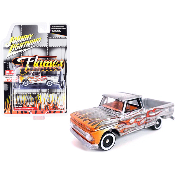 Johnny Lightning JLCP7361 - 1966 Chevrolet Pickup Truck Silver Metallic with Flames and 