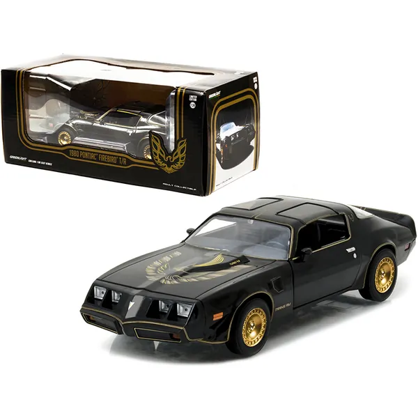 Greenlight 84037 — 1980 Pontiac Firebird Trans Am T/A Turbo 4.9L Starlite Black with Golden Eagle Hood and Stripes 1/24 Diecast Model Car by Greenlight 84037
