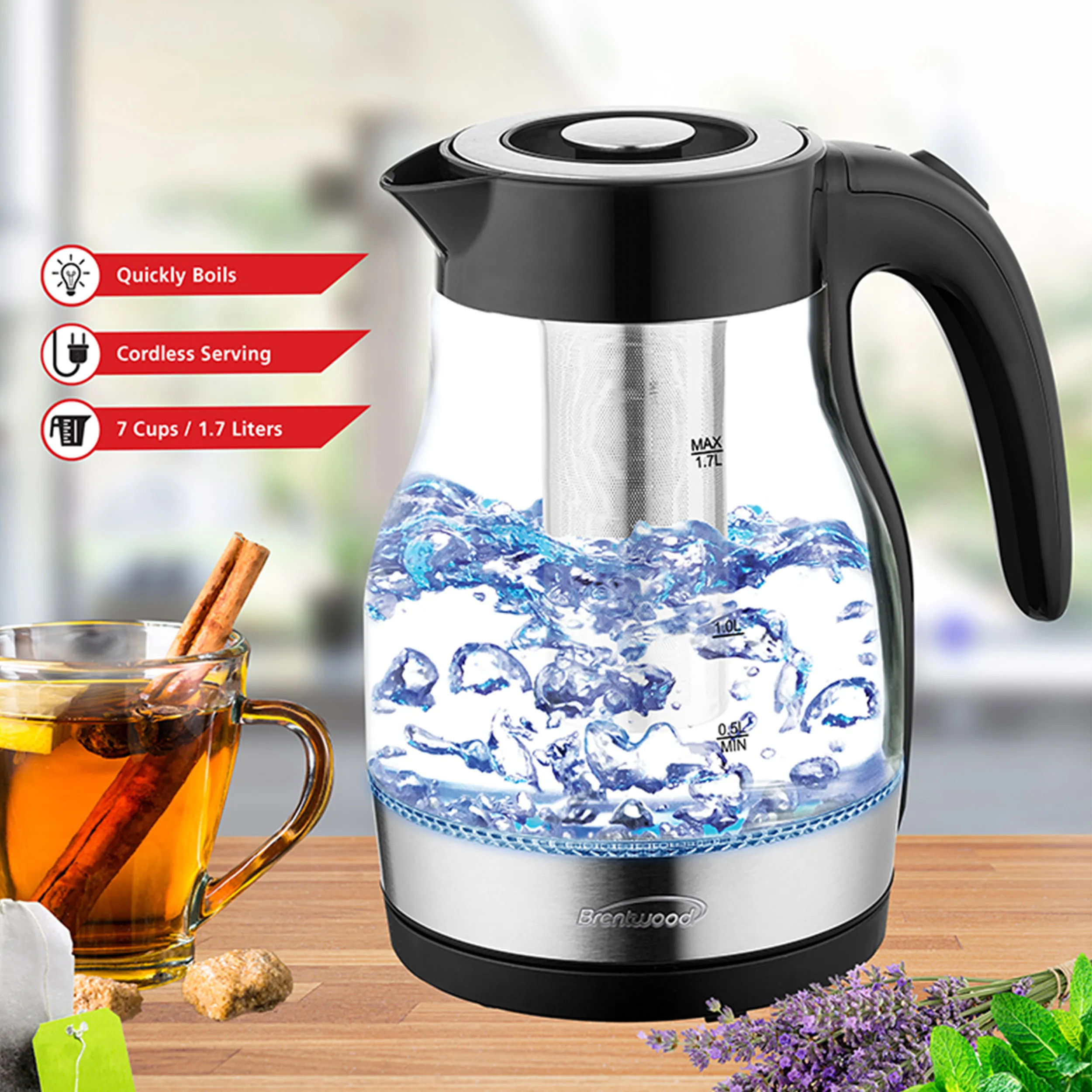 Brentwood KT-1962BK — Brentwood Glass 1.7 Liter Electric Kettle with Tea Infuser in Black