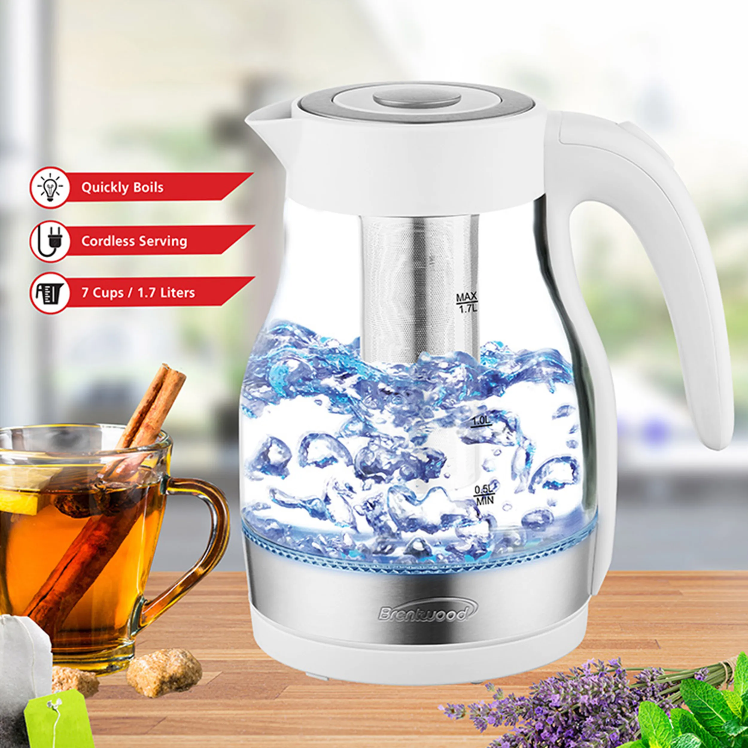 Brentwood KT-1962W — Brentwood Glass 1.7 Liter Electric Kettle with Tea Infuser in White