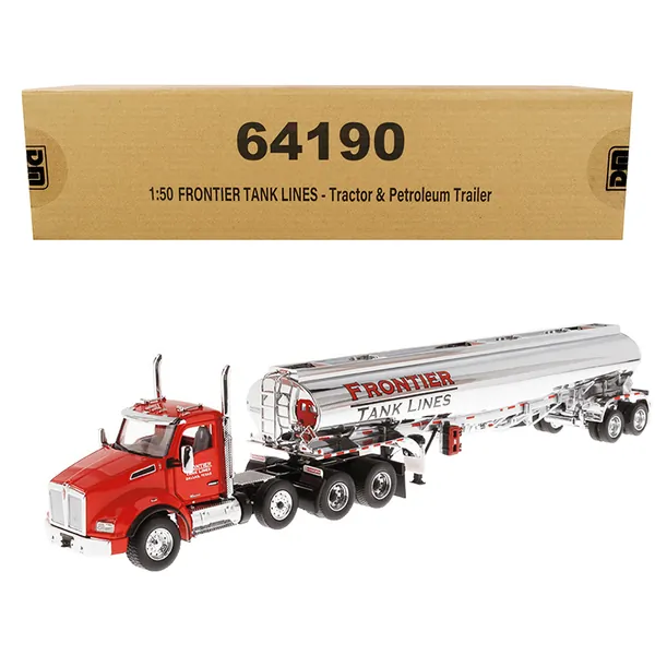 Diecast Masters 64190 — Kenworth T880 SBFA Tandem Day Cab Truck with Pusher Axle and Heil FD9300/DT-C4 Petroleum Tanker Trailer Frontier Tank Lines Red and Chrome Transport Series Limited Edition to 500 piec 64190