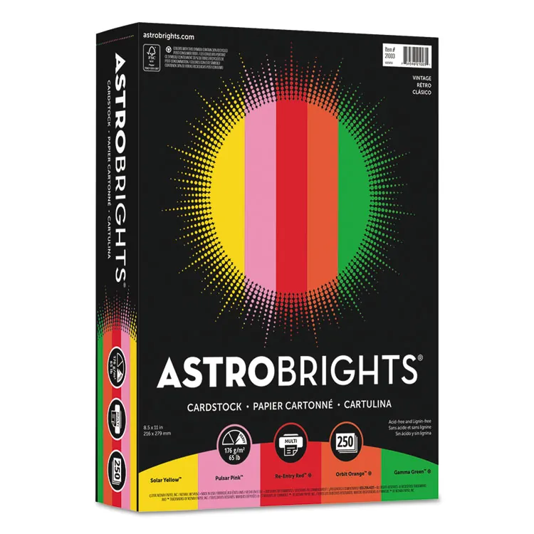 NEENAH PAPER WAU 21003 — Astrobrights Colored Cardstock - Vintage 5-Color Assortment - Letter - 8 1/2 x 11 - 65 lb Basis Weight - 250 / Pack - FSC