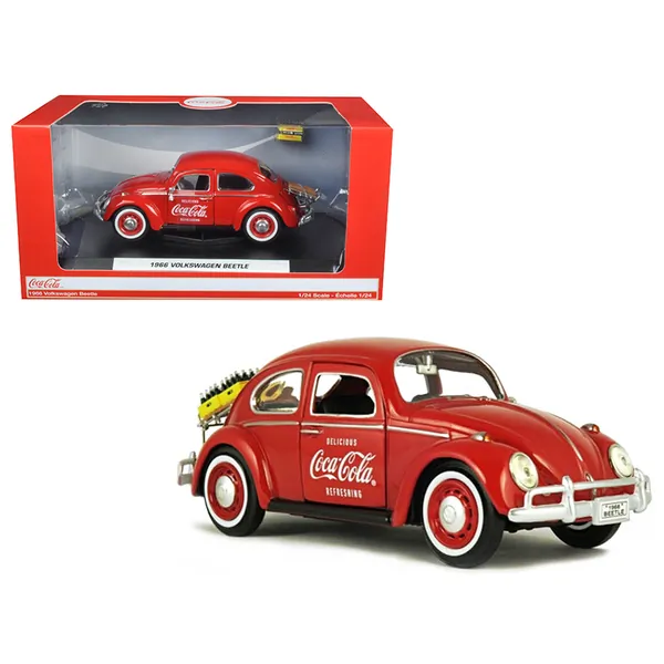 Motorcity Classics 424067 — 1966 Volkswagen Beetle with Rear Luggage Rack Red with Two Bottle Cases Coca-Cola 1/24 Diecast Model Car by Motorcity Classics 424067