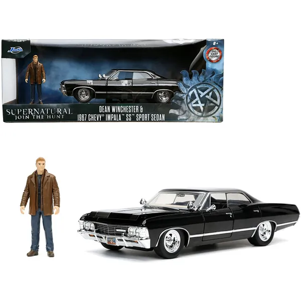 Jada Toys CRD 32250 — 1967 Chevrolet Impala SS Sport Sedan Black and Dean Winchester Diecast Figurine Supernatural (2005-2020) TV Series Hollywood Rides Series 1/24 Diecast Model Car by Jada 32250