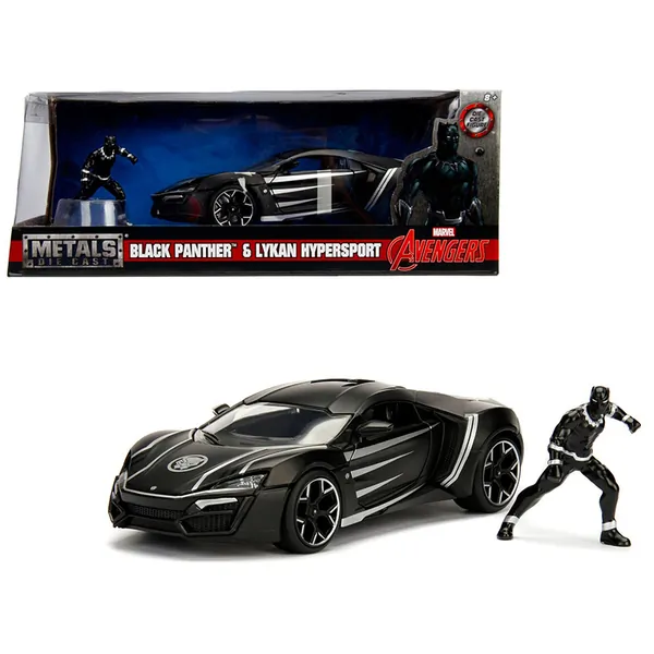 Jada Toys 99723 — Lykan Hypersport Black with Black Panther Diecast Figurine Avengers Marvel Series 1/24 Diecast Model Car by Jada 99723