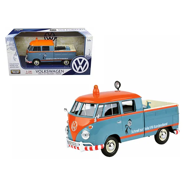 Motormax 79555 — Volkswagen Type 2 (T1) Delivery Service Pickup Truck Blue and Orange VW-Kundendienst 1/24 Diecast Model Car by Motormax 79555