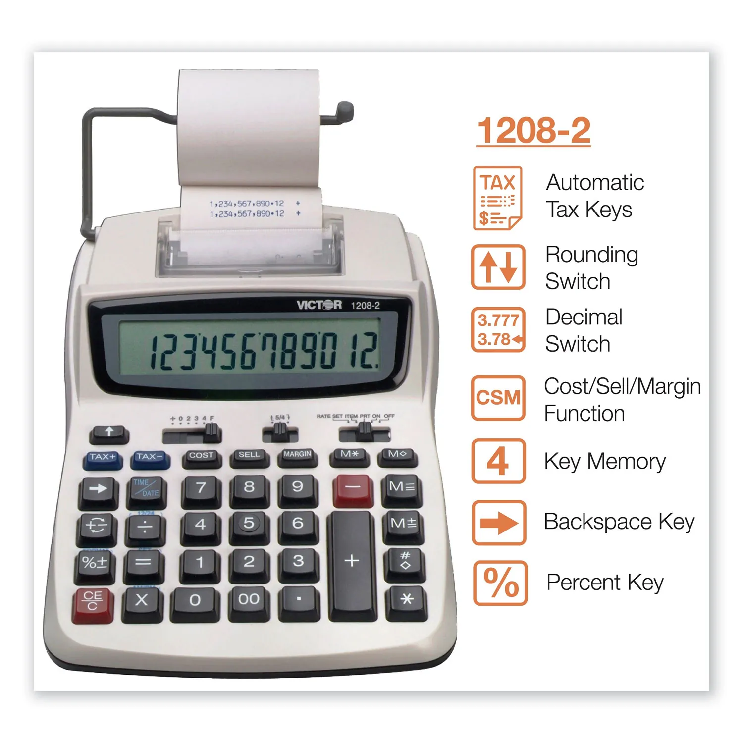 Victor Tech 12082 — Victor 1208-2 12 Digit Compact Commercial Printing Calculator - 2.3 LPS - Extra Large Display, Clock, Date, Sign Change, Environmentally Friendly, Independent Memory, 4-Key Memory - AC Supply/Power Adapter Powered - 1.5" x 6" x 7.5" - White - 1 Each