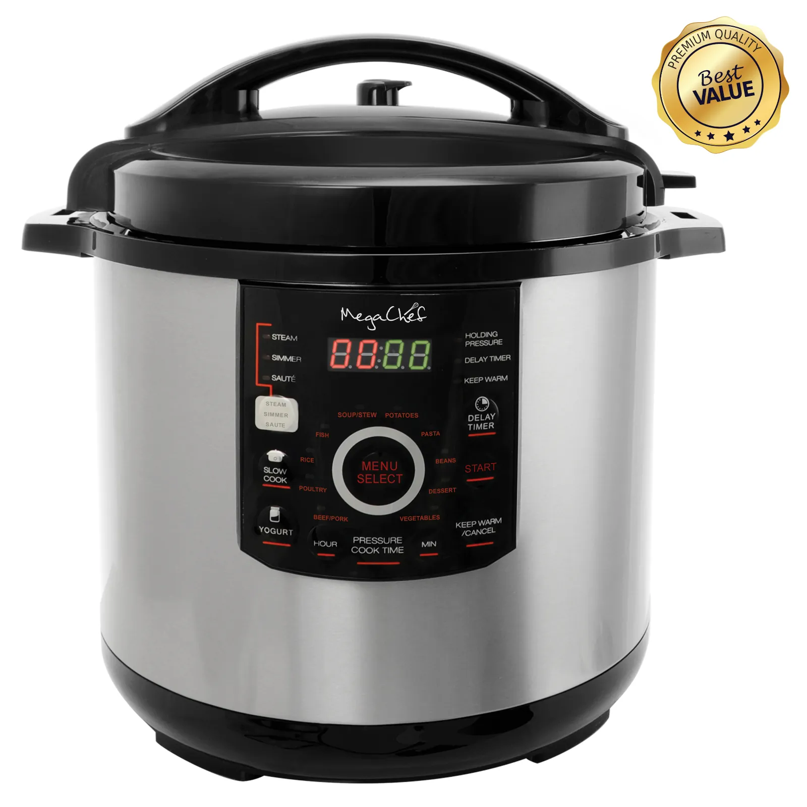 MegaChef MCPR-3500 — Megachef 12 Quart Steel Digital Pressure Cooker with 15 Presets and Glass Lid