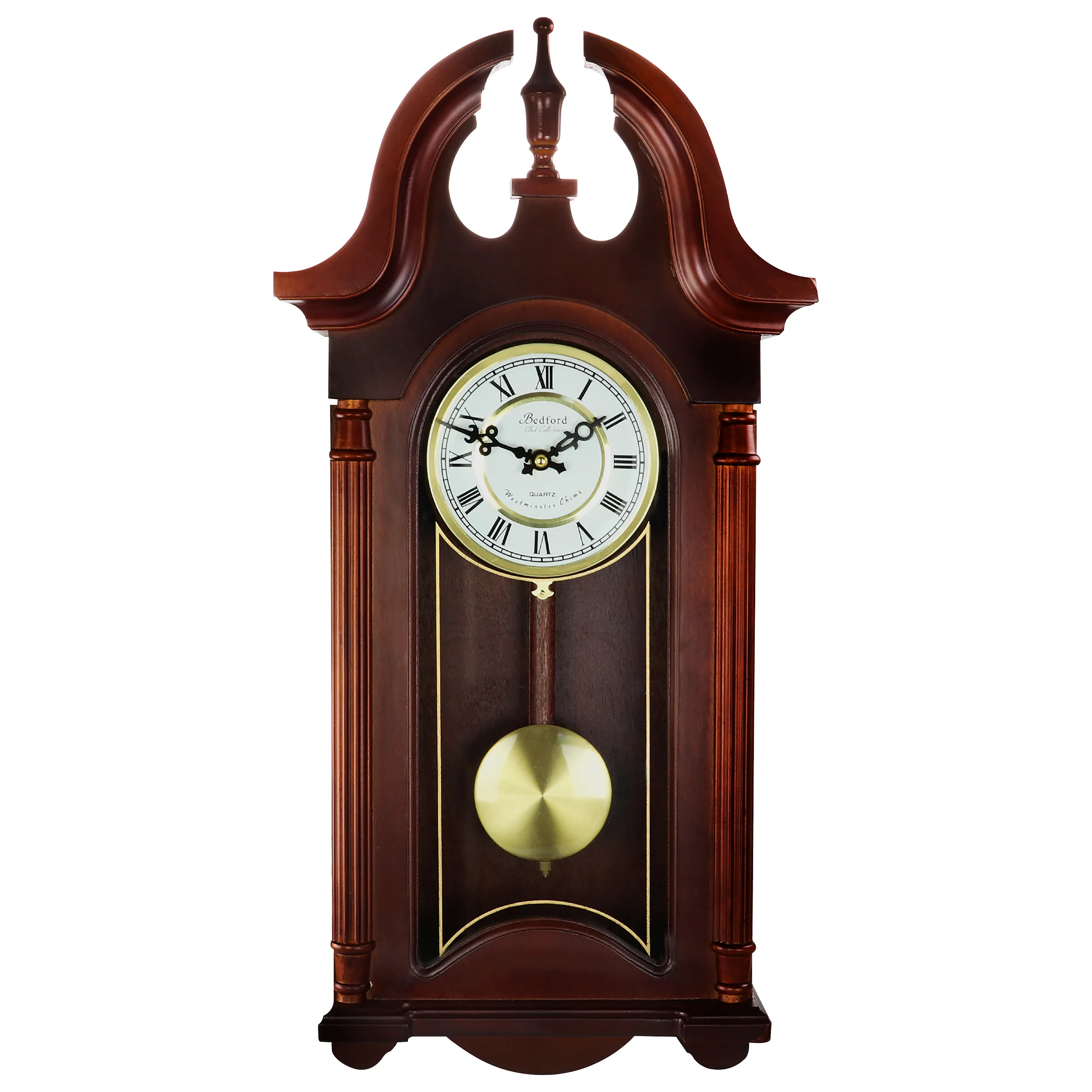 BEDFORD BED-1915 — Bedford Clock Collection 26.5 Inch Chiming Pendulum Wall Clock in Colonial Mahogany Cherry Oak Finish