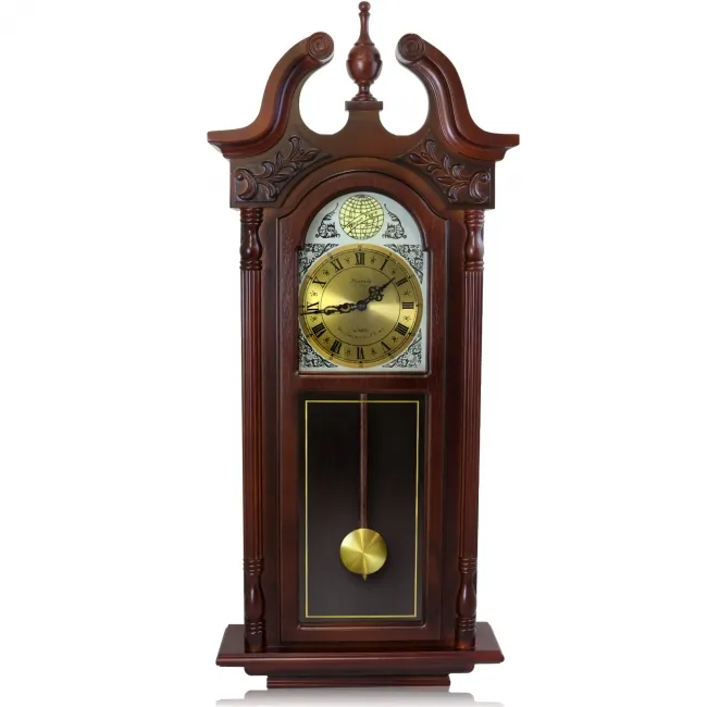 BEDFORD BED-7715 — Bedford Clock Collection 38 Inch Grand Antique Chiming Wall Clock with Roman Numerals in a in a Cherry Oak Finish