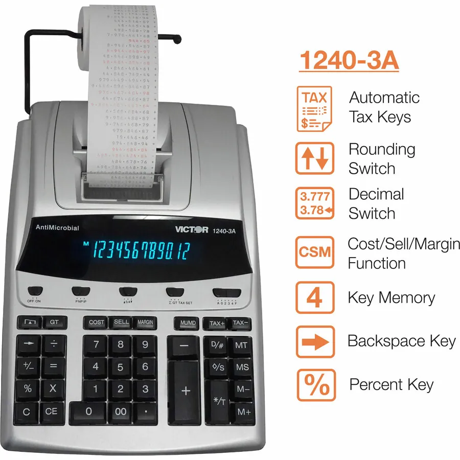 Victor Tech 1240-3A — Victor 1240-3A 12 Digit Heavy Duty Commercial Printing Calculator - Dual Color Print - Dot Matrix - 4.3 lps - Big Display, Independent Memory - 12 Digits - Fluorescent - AC Supply/Power Adapter Powered - 3.3 x 9 x 12.8 - White - 1 Each