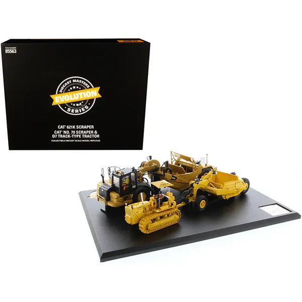 Diecast Masters 85563 — CAT Caterpillar 621K Scraper and Caterpillar No. 70 Scaper with D7 Track-Type Tractor Yellow Evolution Series 1/50 Diecast Model by Diecast Masters 85563