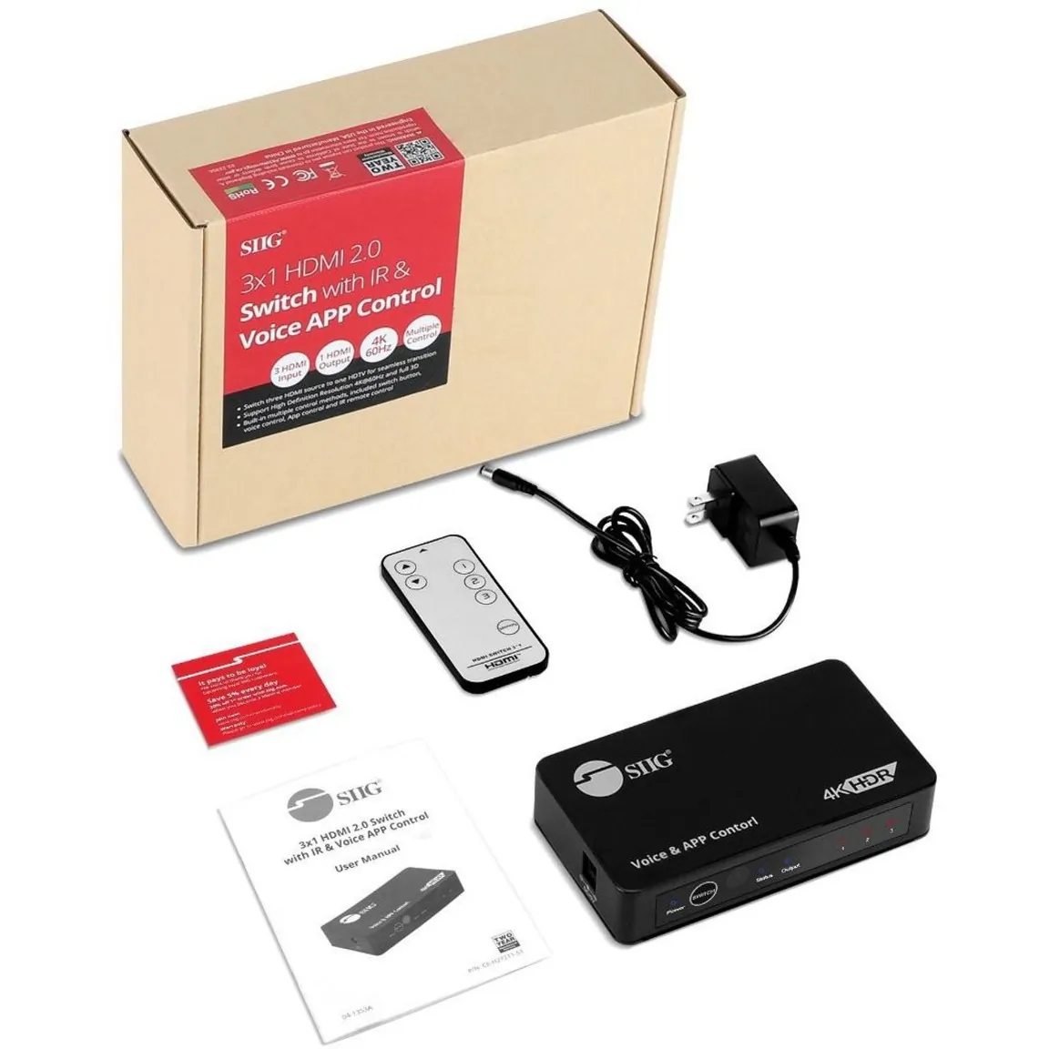 Siig CE-H27211-S1 — SIIG 3X1 HDMI SWITCH W/VOICE APP CONTROL 4K60HZ (CE-H27211-S1)