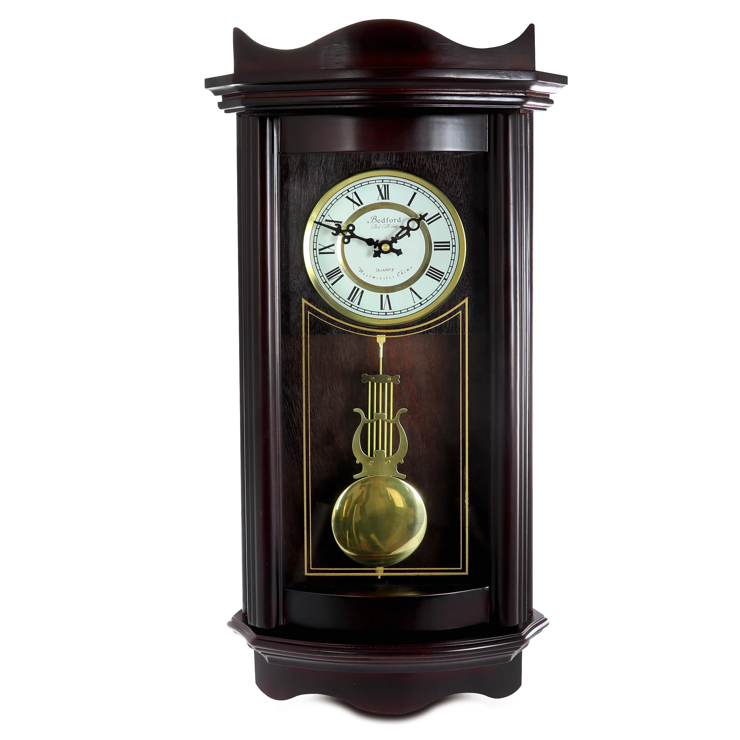 BEDFORD BED1247CHR — Bedford Clock Collection 25 Inch Chiming Pendulum Wall Clock in Weathered Chocolate Cherry Finish