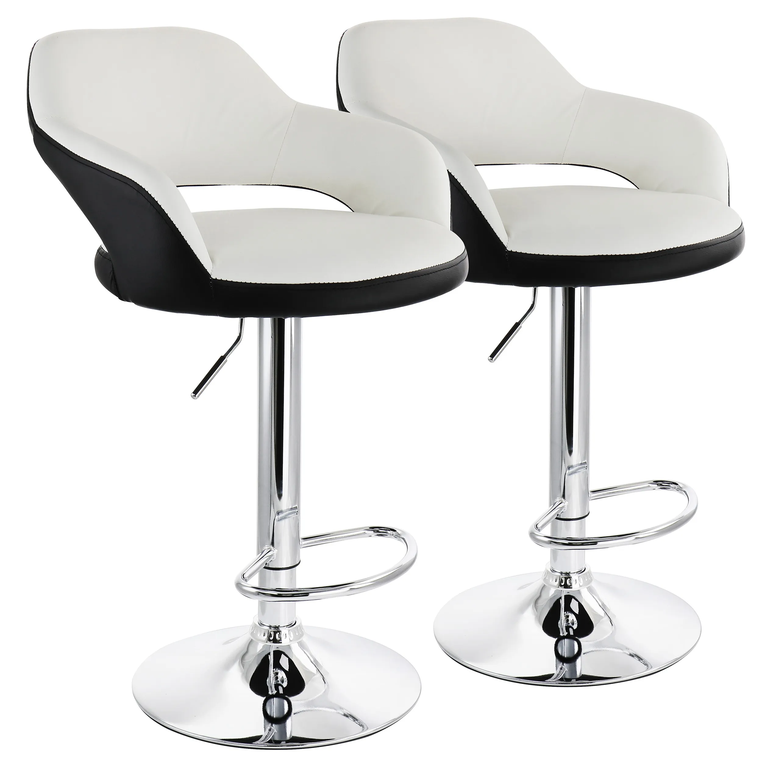 ELAMA ELM-705-WHT-BLK — Elama 2 Piece Adjustable Faux Leather Bar Stool in White with Black Trim and Chrome Base