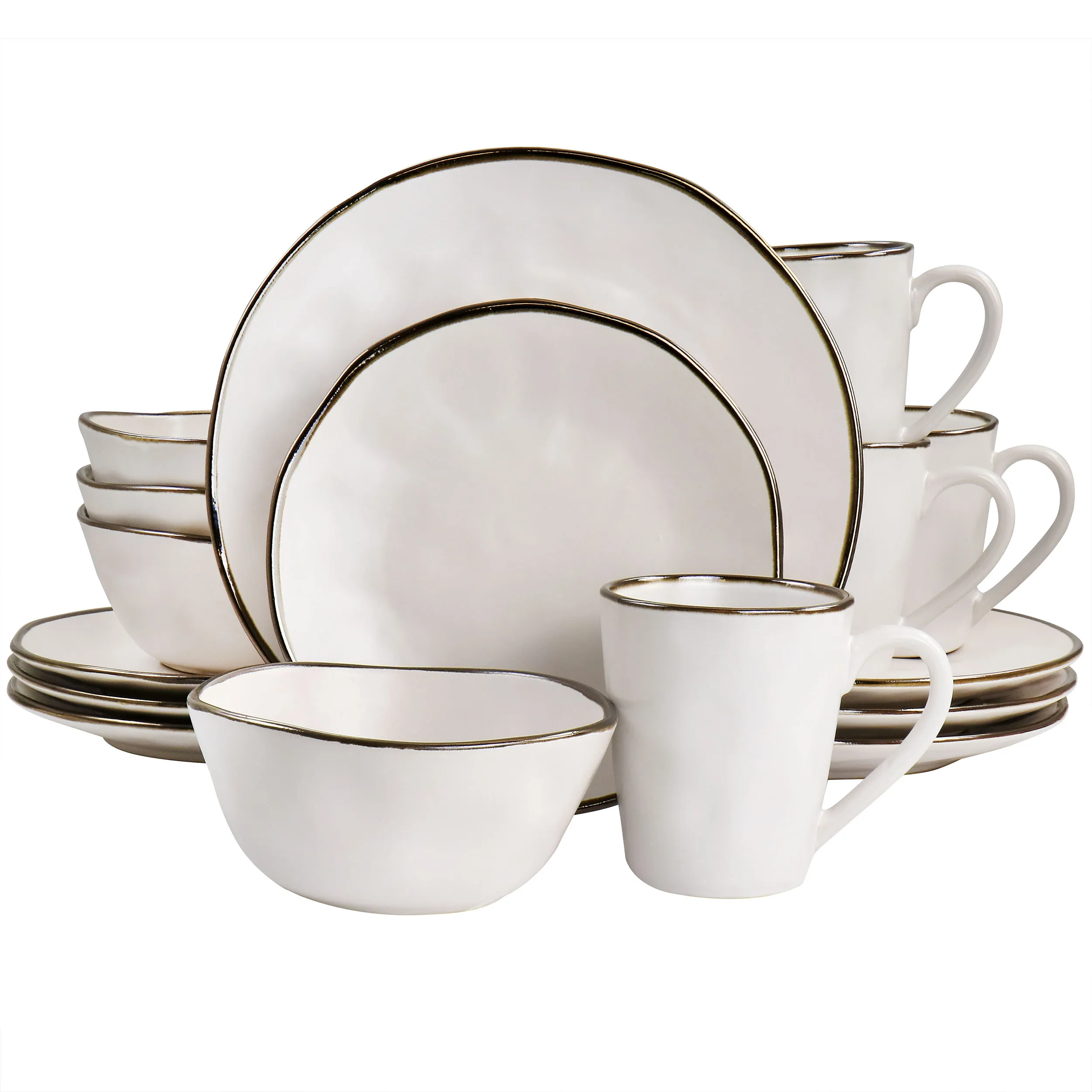 ELAMA ELM-CHRISTIAN16 — Elama Modern 16 Piece Stoneware Dinnerware Set in Matte White with Gold Rim