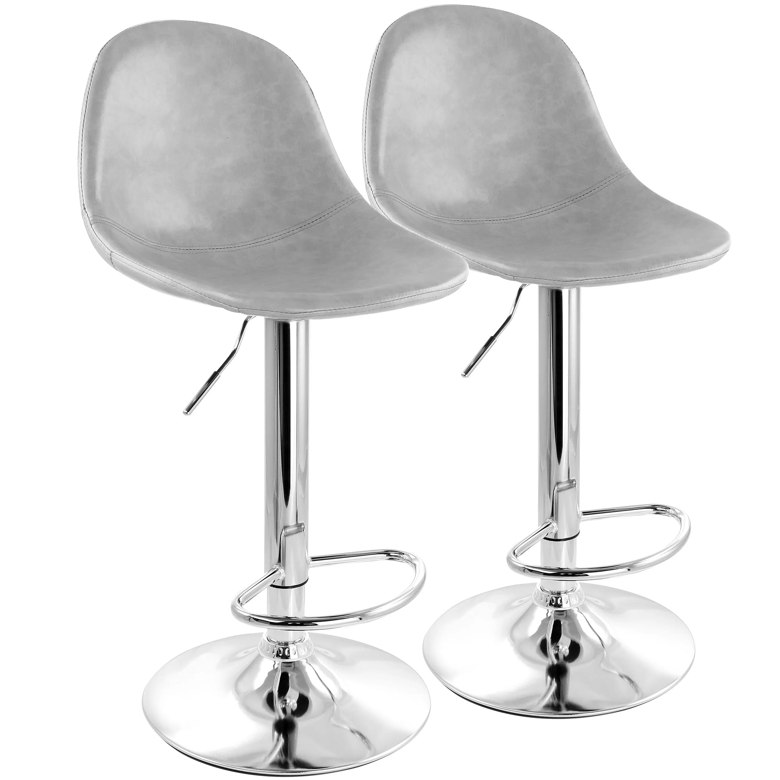 ELAMA ELM-2922-GRY — Elama 2 Piece Adjustable Distressed Faux Leather Bucket Bar Stools in Gray with Chrome Base