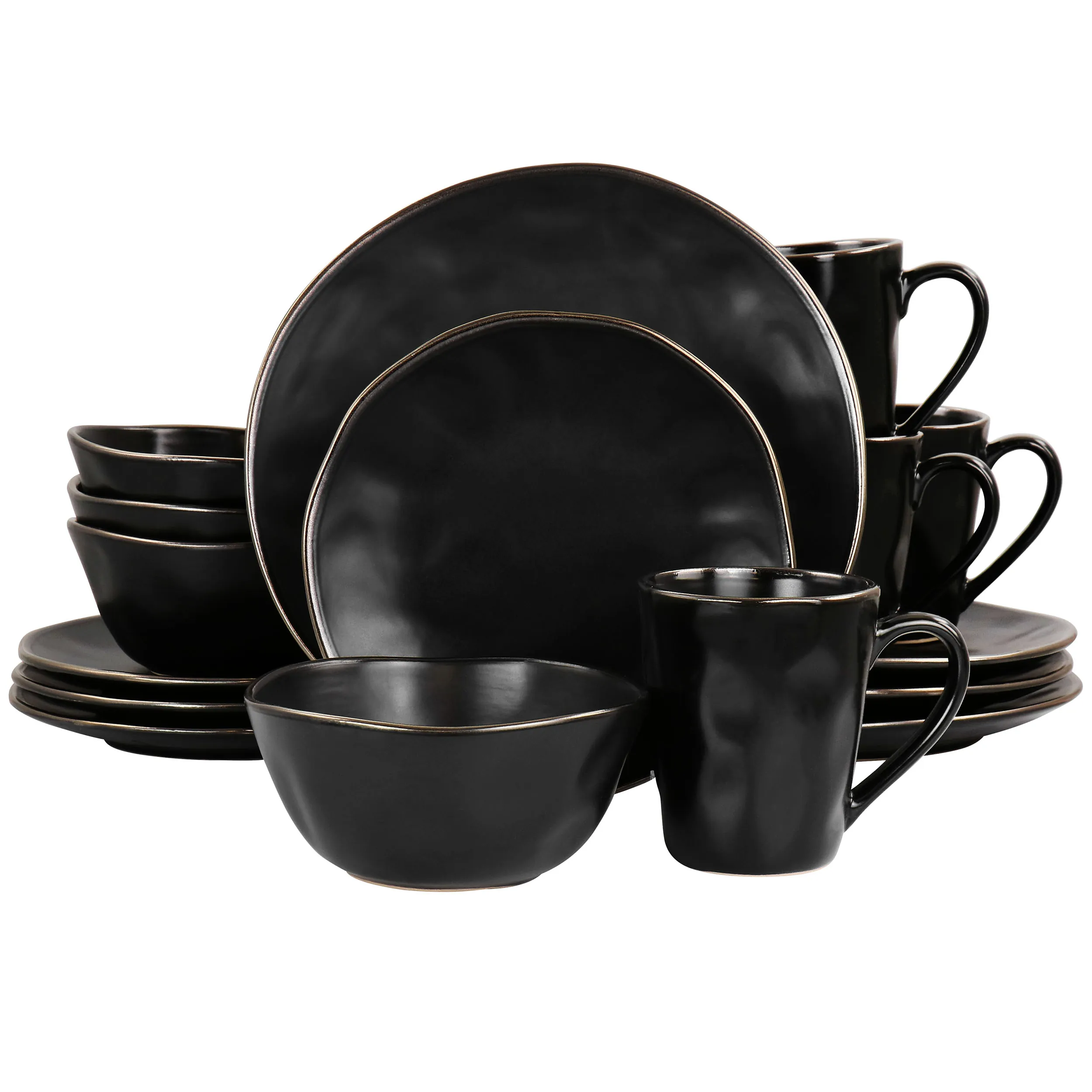 ELAMA ELM-GEORGE16 — Elama Modern 16 Piece Stoneware Dinnerware Set in Matte Black with Gold Rim