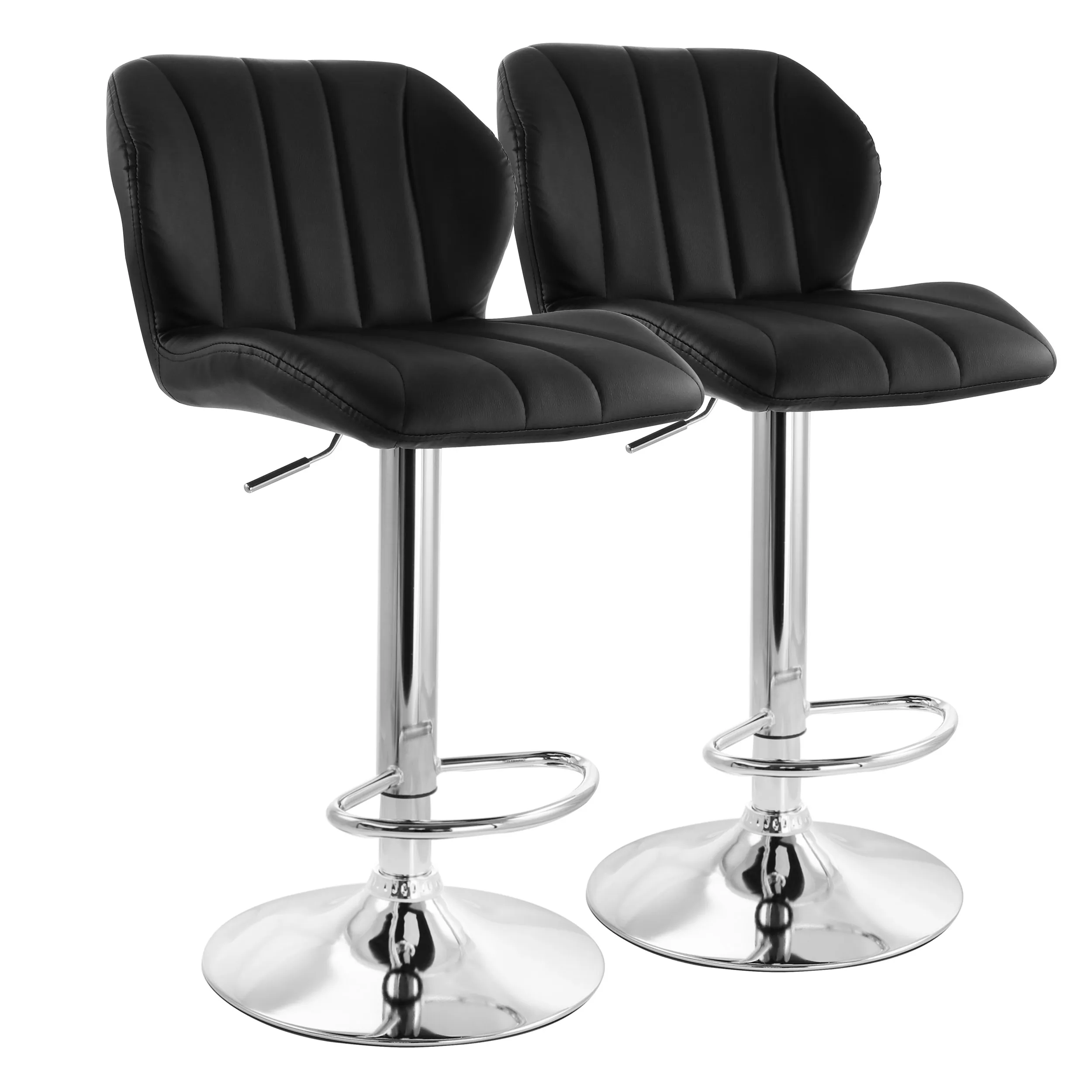ELAMA ELM-714-BLK — Elama 2 Piece Adjustable Faux Leather Stripe Tufted Bar Stool in Black with Chrome Base
