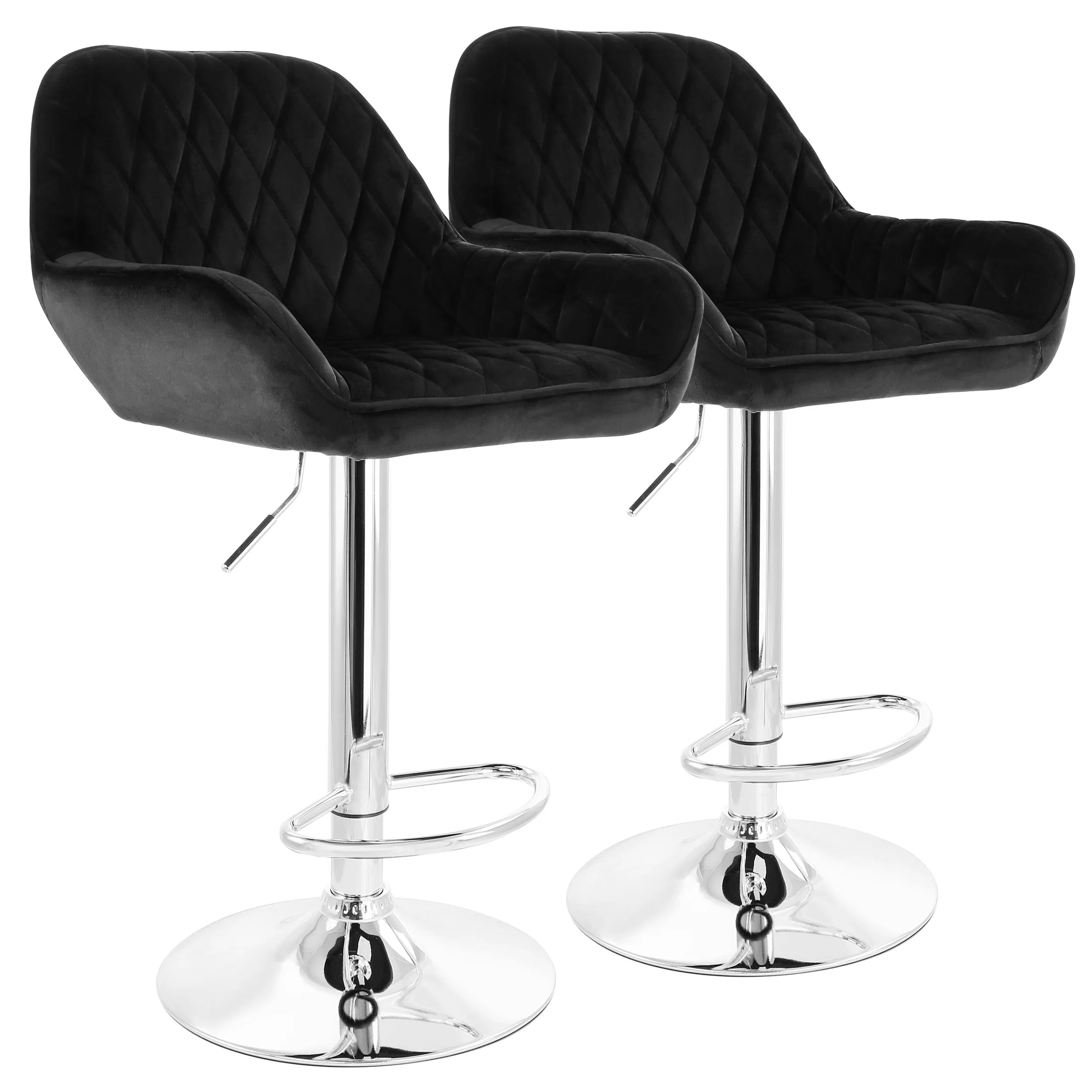 ELAMA ELM-221E-BLK — Elama 2 Piece Adjustable Velvet Bar Stools in Black with Chrome Base