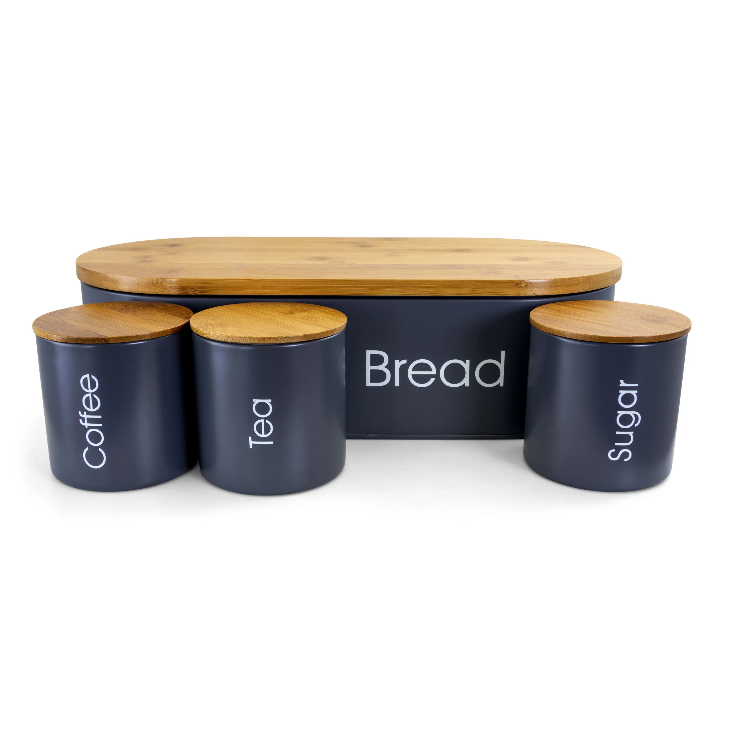 MegaChef MG-317 — MegaChef Bamboo Kitchen Countertop 4 Piece Metal Bread Basket and Canister Set in Gray with Lids