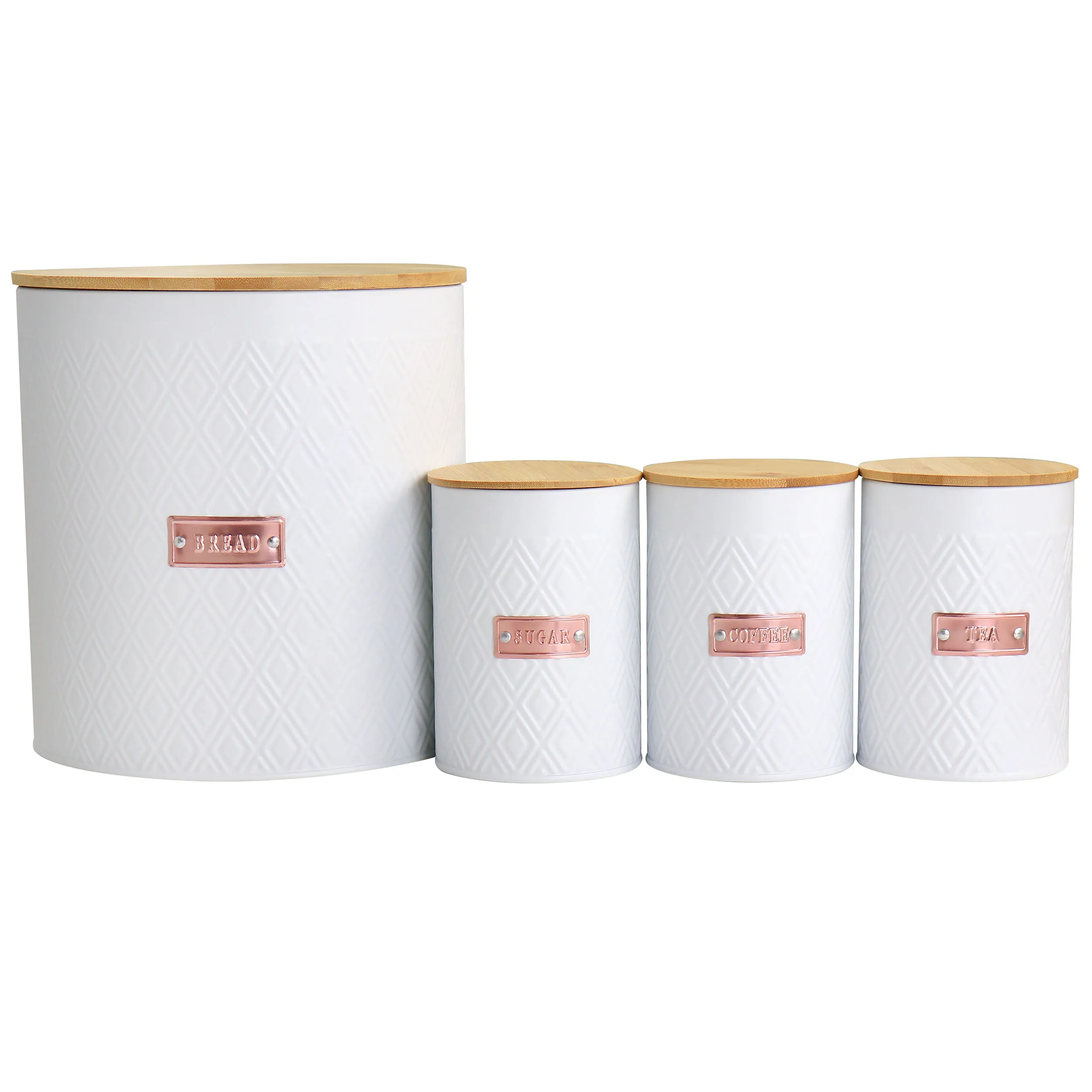 MegaChef MG-555 — MegaChef Kitchen Food Storage and Organization 4 Piece Argyle Canister Set in White with Bamboo Lids