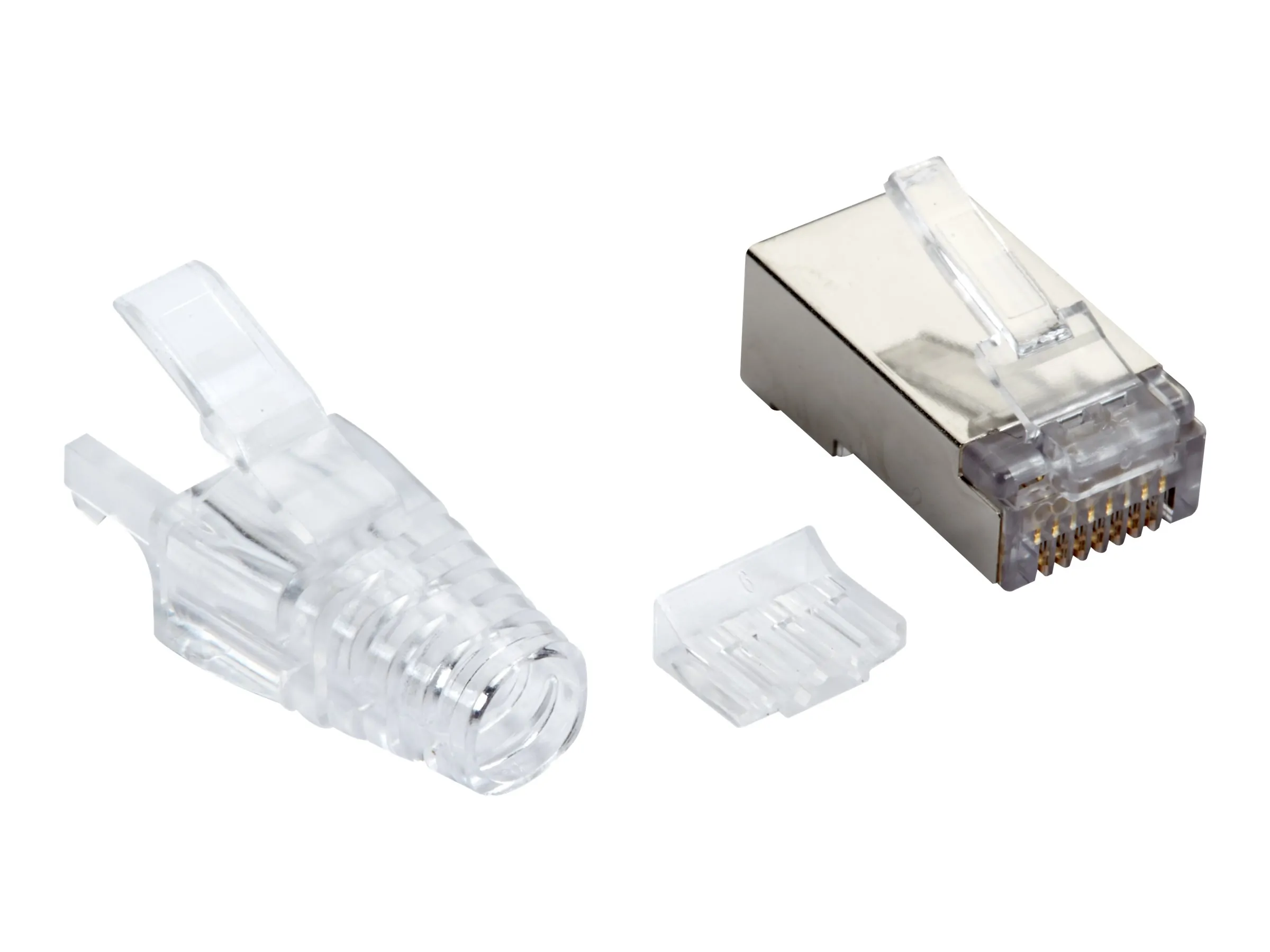 BLACK BOX CORPORATION FMTP6AS-CL-100PAK — CAT6A MODULAR RJ-45 PLUG WITH LOAD BAR AND CLEAR SNAGLESS STRAIN RELIEF BOOT SHI