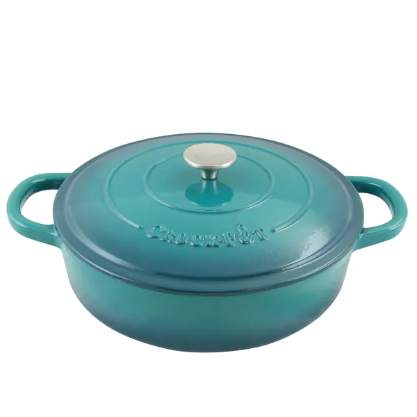 CROCK-POT 112002.02 — Crock Pot Artisan Enameled Cast Iron 5 Quart Round Braiser Pan with Self Basting Lid in Teal Ombre
