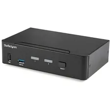 STARTECH SV231DPU34K — 2 Port DisplayPort KVM Switch - 4K 60Hz - Single Display - UHD DP 1.2 USB KVM Switch with USB 3.0 Hub & Audio - TAA Compliant - 2 Port DisplayPort KVM Switch w/ USB Hub & hotkey/push button switching - 3840 x 2160 60Hz - 4K UHD - HDCP 2.2 - DP 1.2 - USB 3.0 - 4x USB HID - MST Passthrough - 3.5mm Audio - Steel housing - OS Independent works w/HP Dell Lenovo - 2 year warr - TAA