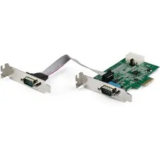 STARTECH PEX2S953LP — 2-port PCI Express RS232 Serial Adapter Card - PCIe Serial DB9 Controller Card 16950 UART - Low Profile - Windows and Linux - 2-port PCI Express RS232 serial controller card w/16950 UART/ASIX AX99100 - Bi-directional speeds 921.6Kbps/port | 256 byte FIFO | 9th data bit - Pin 9 pwr out 5v/12v/none w/up to 2A total - Expansion card w/low profile bracket (Std incl) - Win/Linux