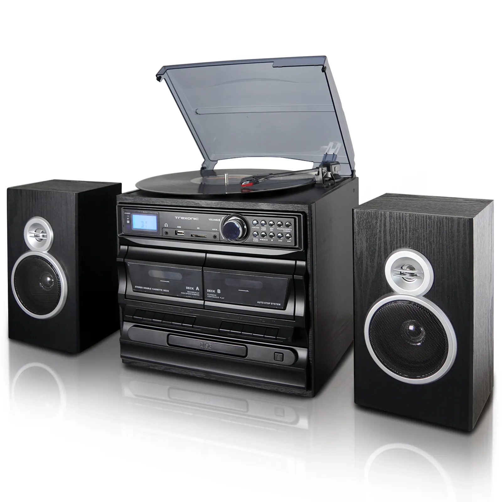 Trexonic TRX-811BS-RB — Trexonic 3-Speed Vinyl Turntable Home Stereo System with CD Player, Dual Cassette Player, Bluetooth, FM Radio & USB/SD Recording and Wired Shelf Speakers