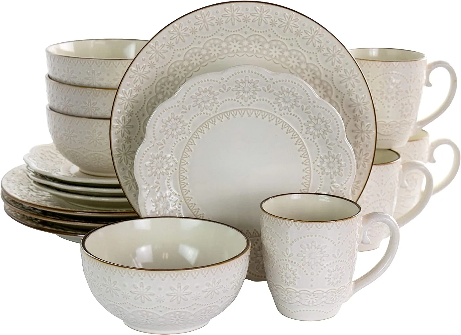 ELAMA EL-CONTESSA — Elama Contessa 16 Piece Embossed Scalloped Stoneware Dinnerware Set in Ivory