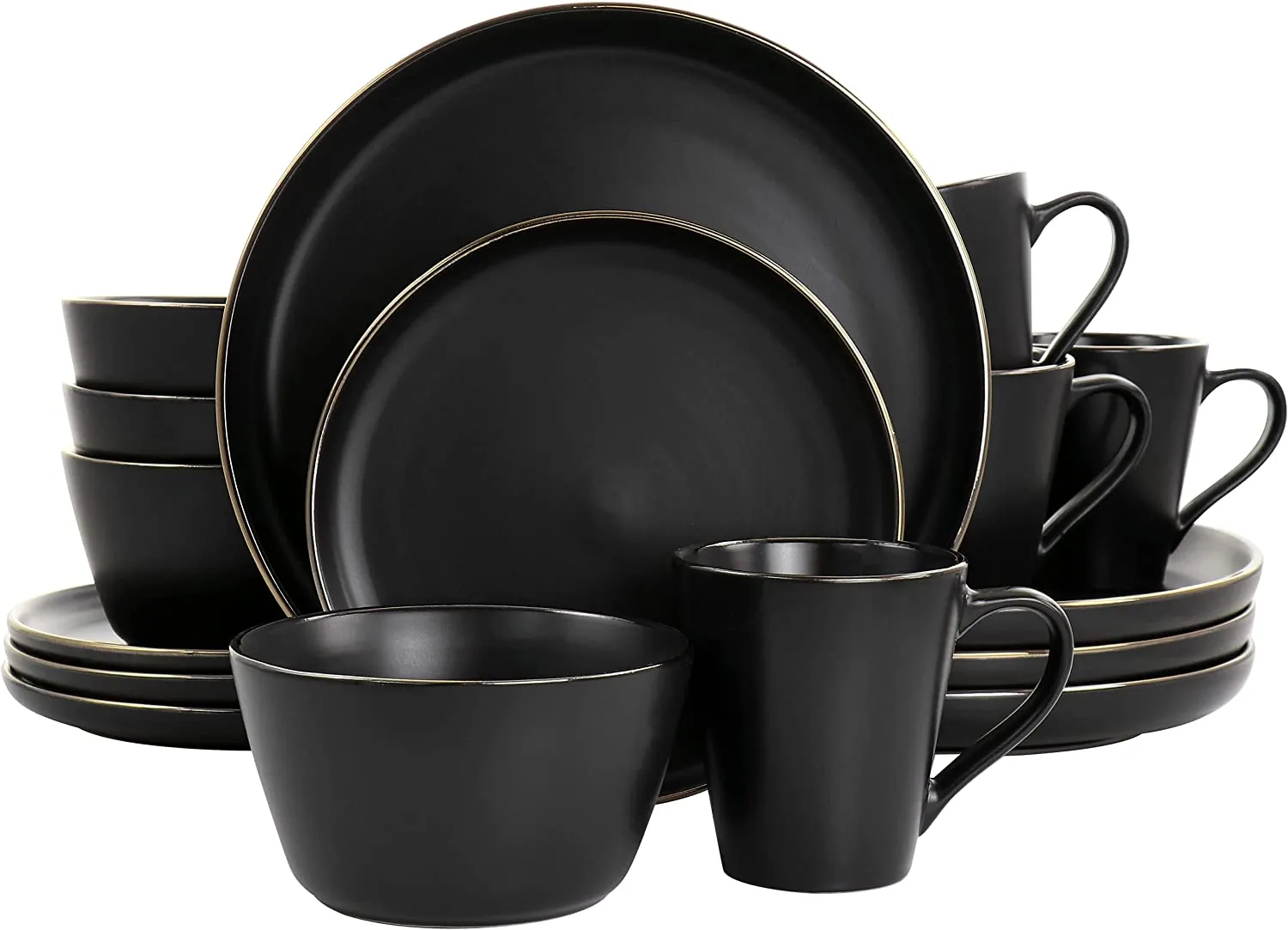 ELAMA ELM-PAUL16 — Elama Paul 16 Piece Stoneware Dinnerware Set in Matte Black with Gold Rim
